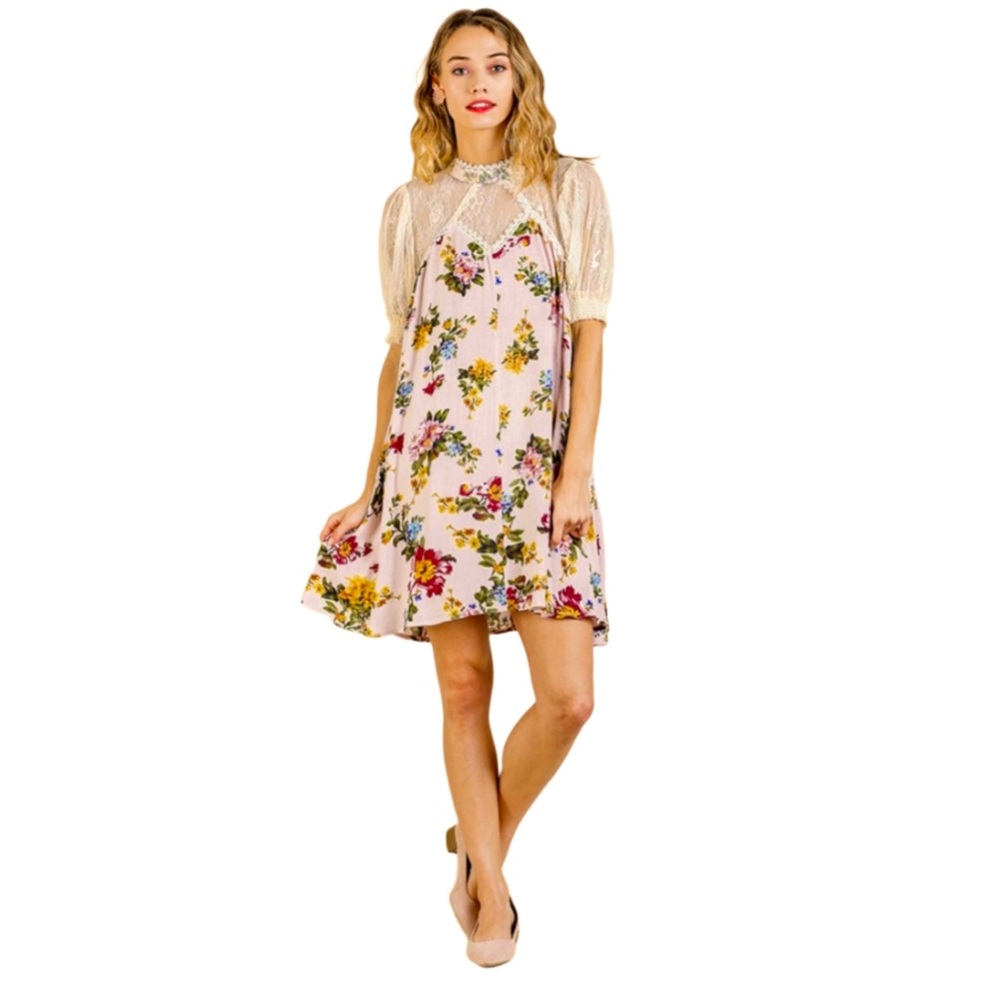 UMGEE Floral Print Short Smocked Sleeve Mini Dress